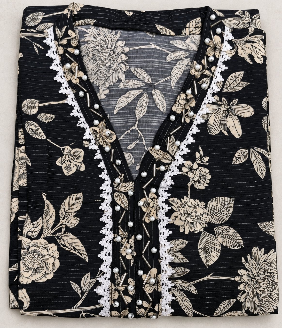 Black & Beige Floral Printed 2-Piece Stitched Suit