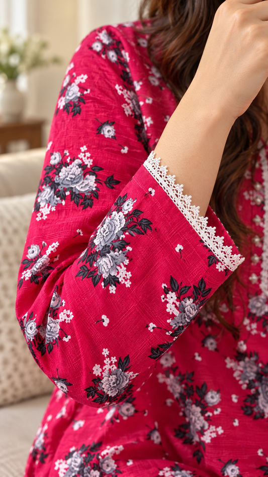 Fuchsia Pink Floral Print 2-Piece Stitched Suit
