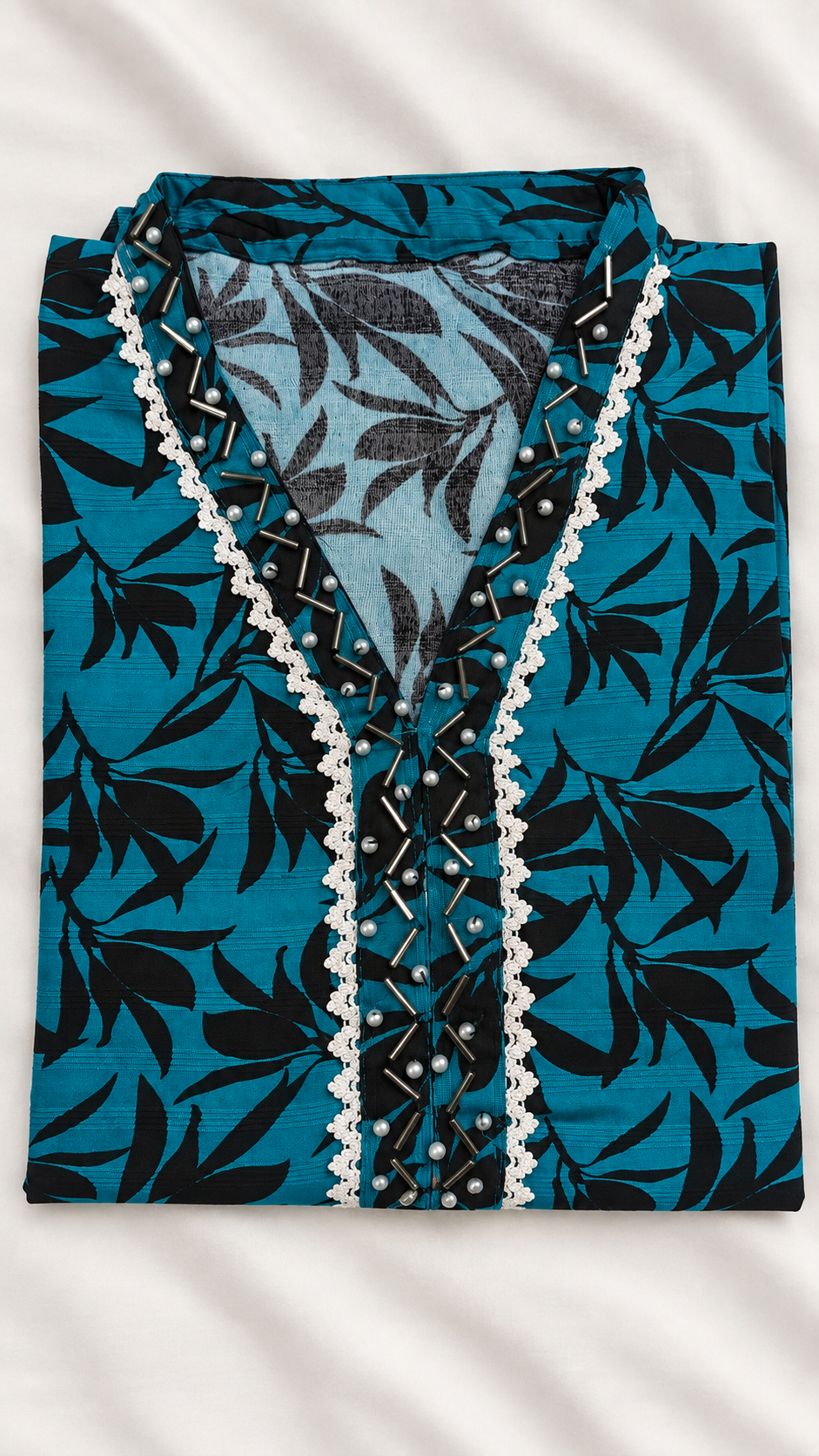 Teal & Black Leaf Print 2-Piece Stitched Suit