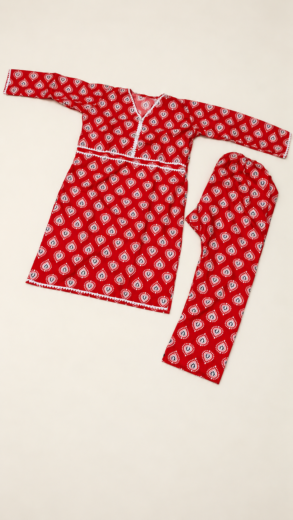 Scarlet Red & White Paisley China Wool 2-Piece Stitched Suit