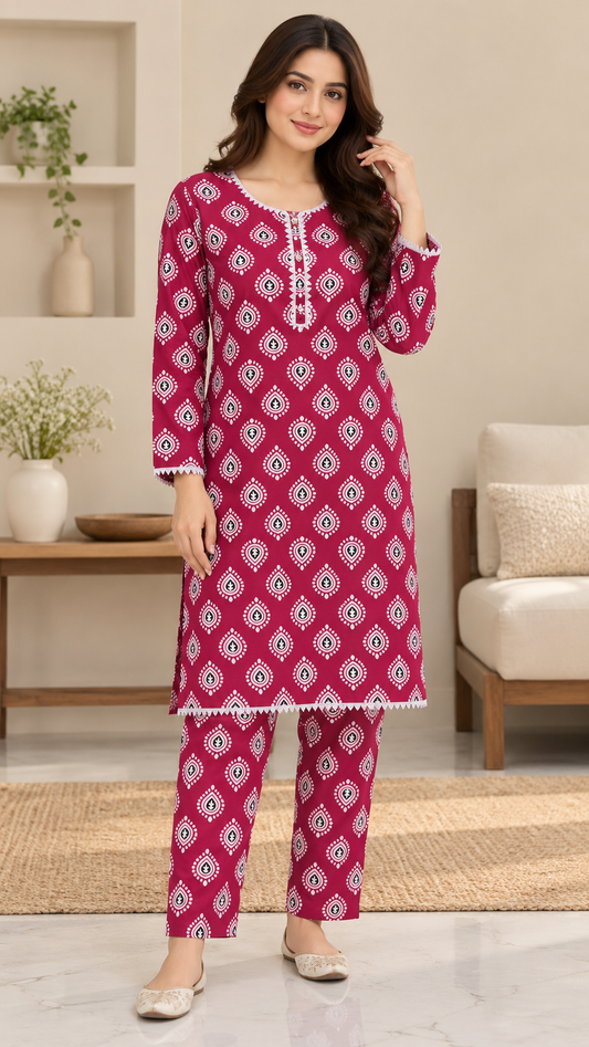 Deep Magenta & White Paisley China Wool 2-Piece Stitched Suit