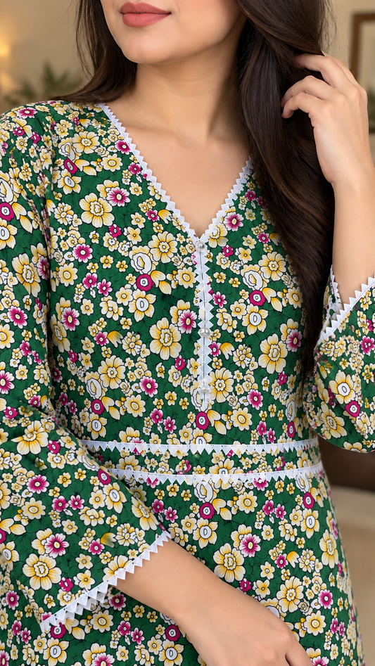 Forest Green & Cream Floral China Wool 2-Piece Stitched Suit