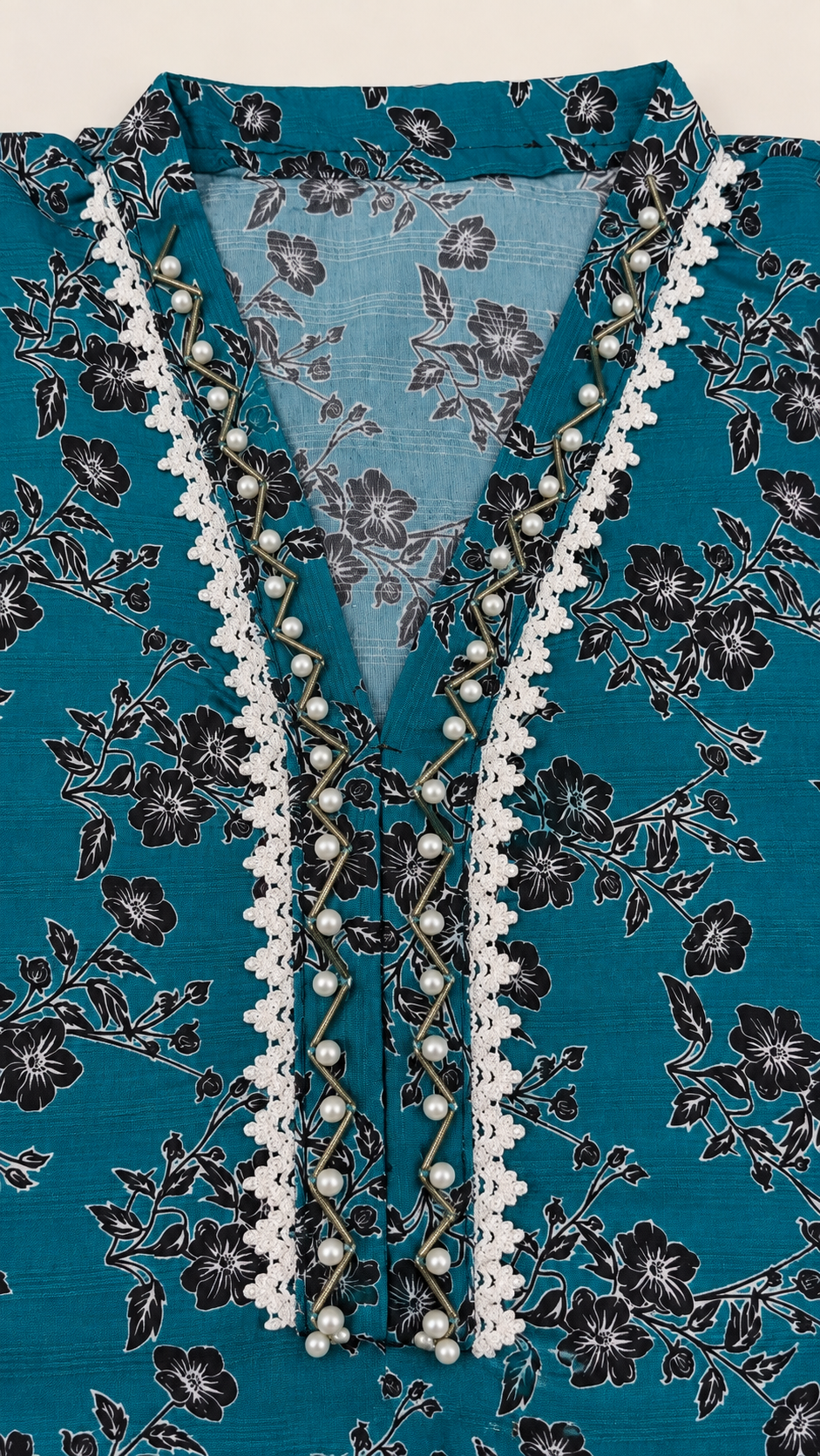 Teal Blue & Black Floral 2-Piece Stitched Suit