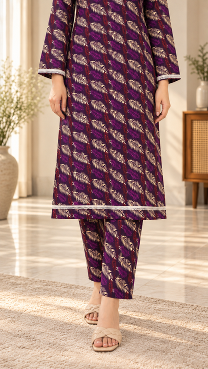 Deep Plum & Cream Leaf Print China Wool 2-Piece Stitched Suit