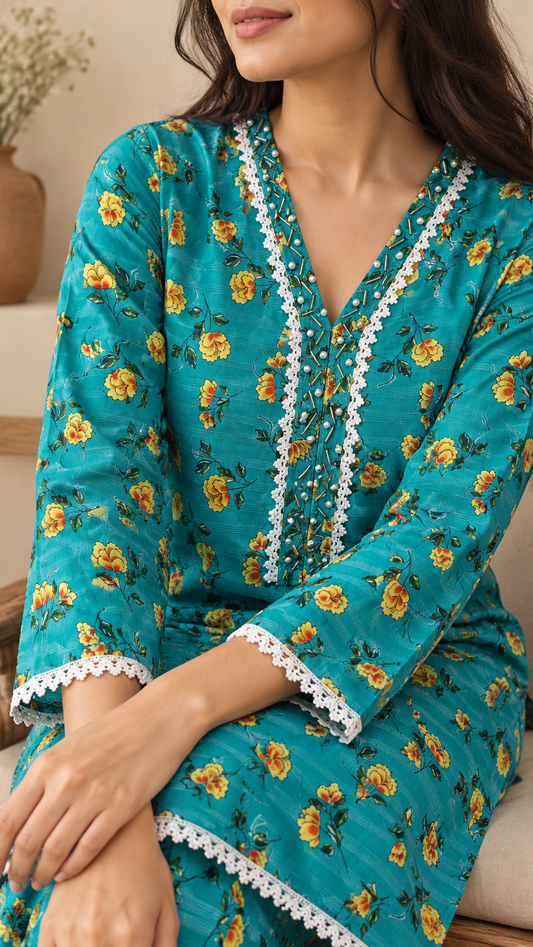 Turquoise Teal & Yellow Floral 2-Piece Stitched Suit