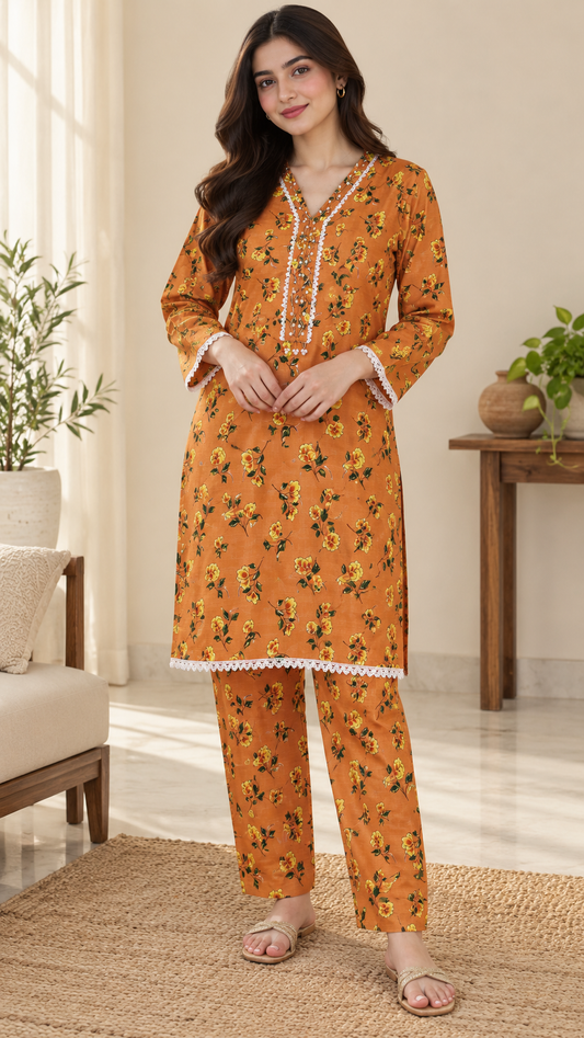 Rust Orange & Yellow Floral 2-Piece Stitched Suit
