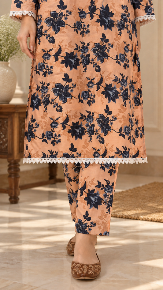 Peach &amp; Navy Floral Print 2-Piece Stitched Suit