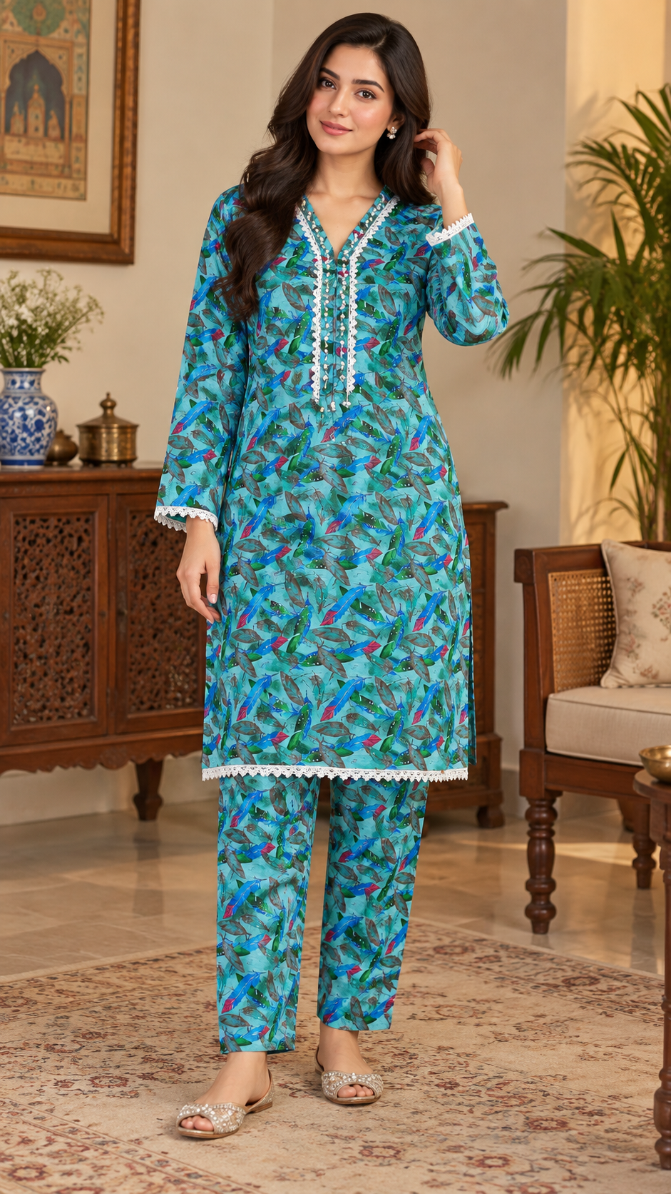 Aqua Turquoise Feather Print 2-Piece Stitched Suit