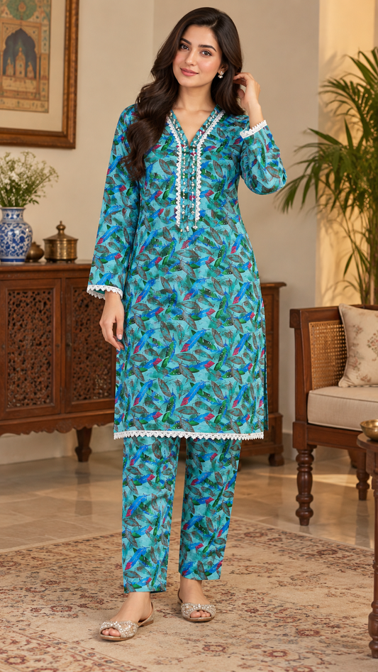 Aqua Turquoise Feather Print 2-Piece Stitched Suit