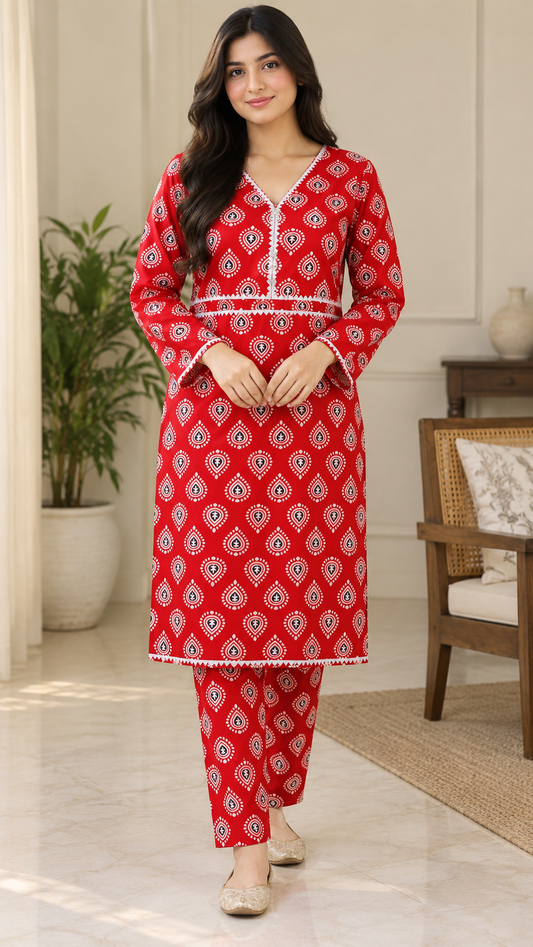Scarlet Red & White Paisley China Wool 2-Piece Stitched Suit