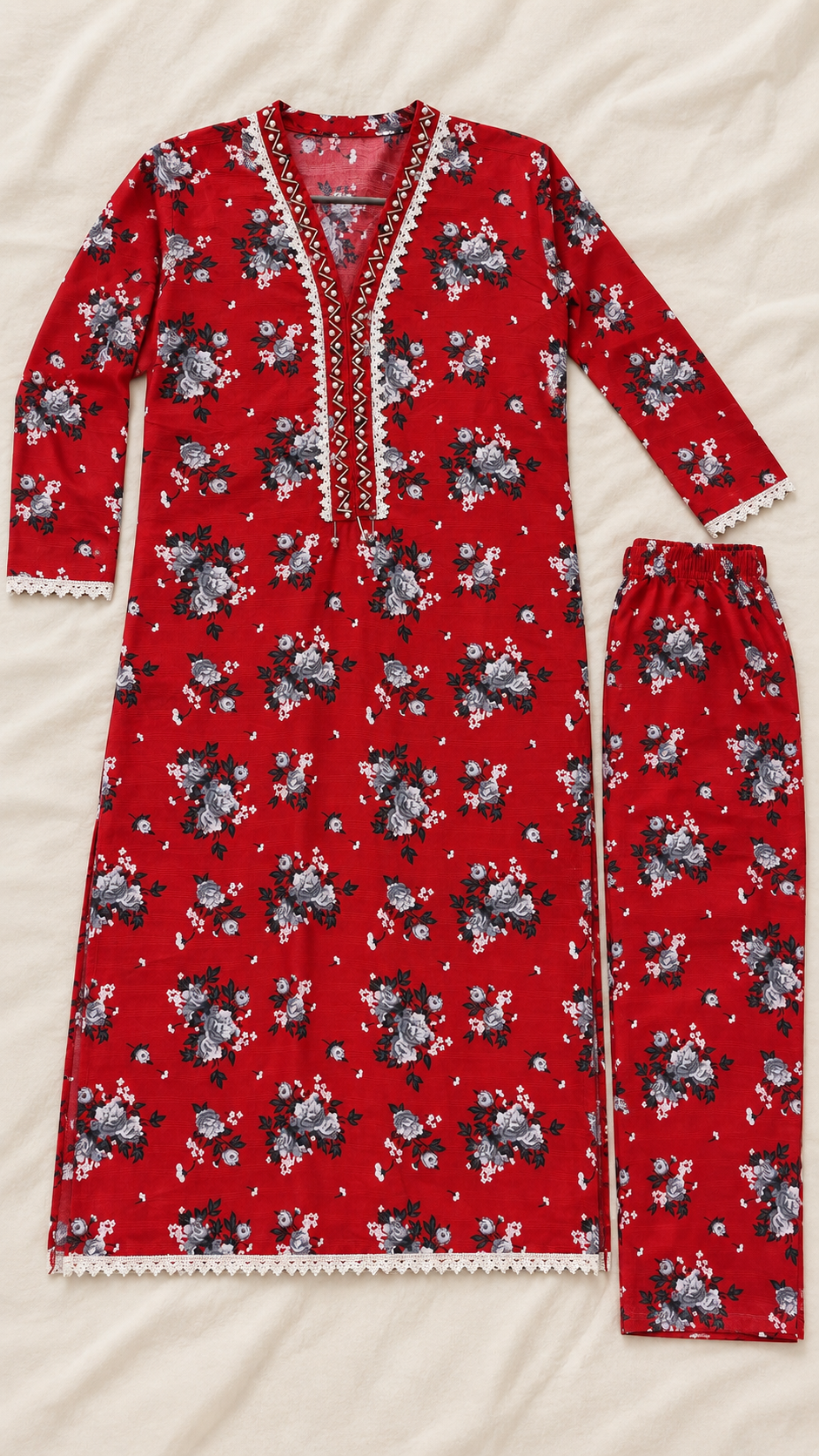 Deep Red & Grey Floral 2-Piece Stitched Suit