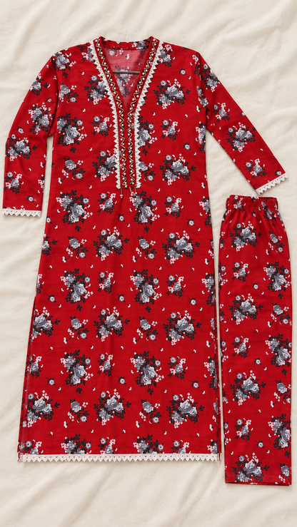 Deep Red & Grey Floral 2-Piece Stitched Suit