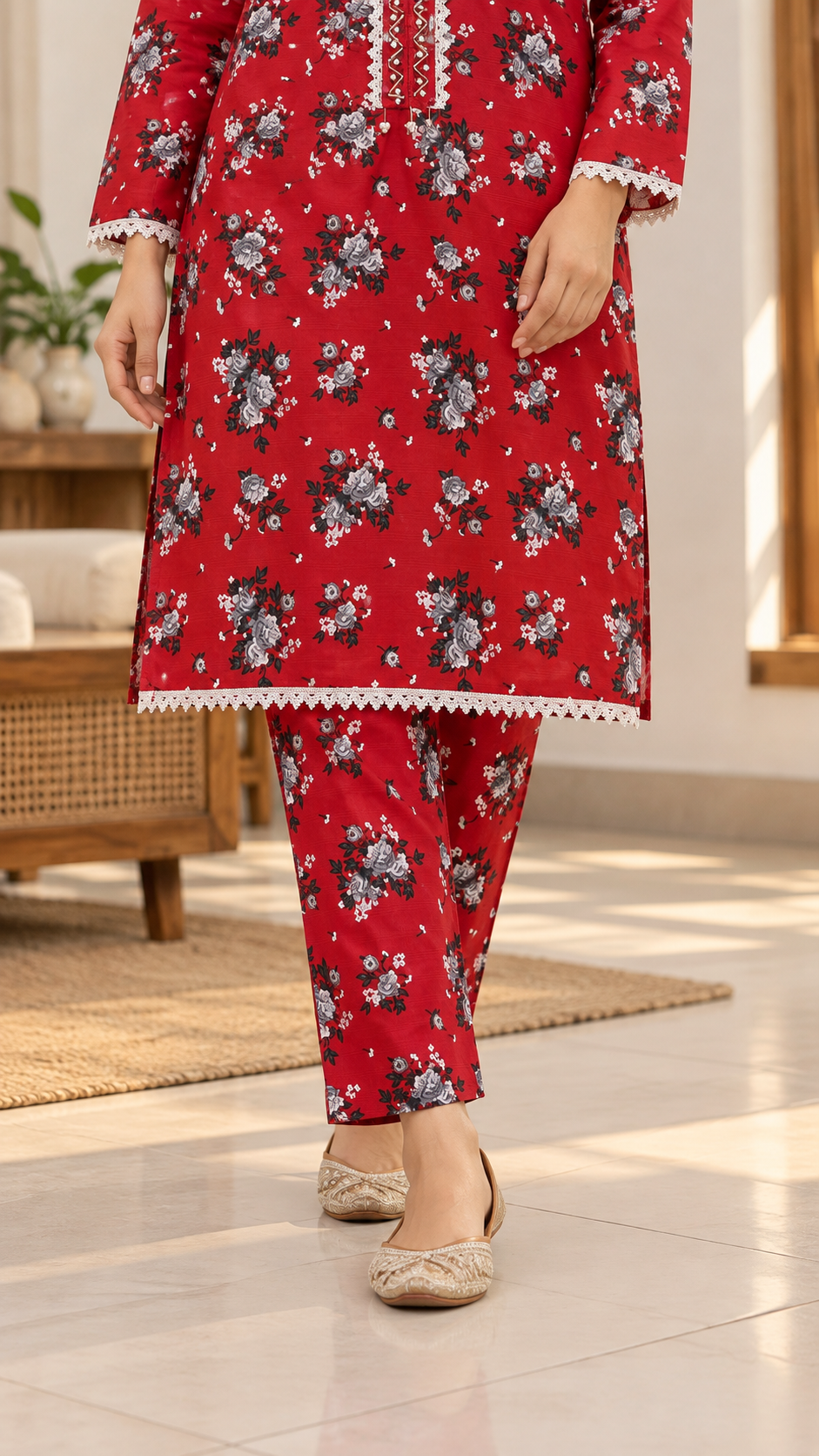 Deep Red & Grey Floral 2-Piece Stitched Suit