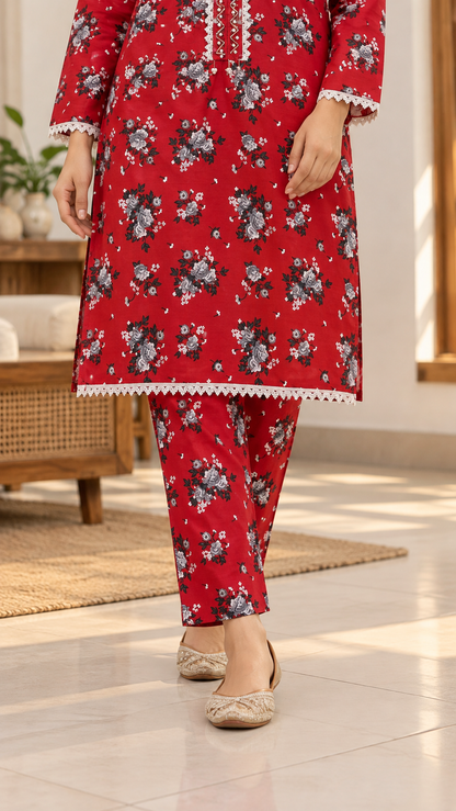 Deep Red & Grey Floral 2-Piece Stitched Suit