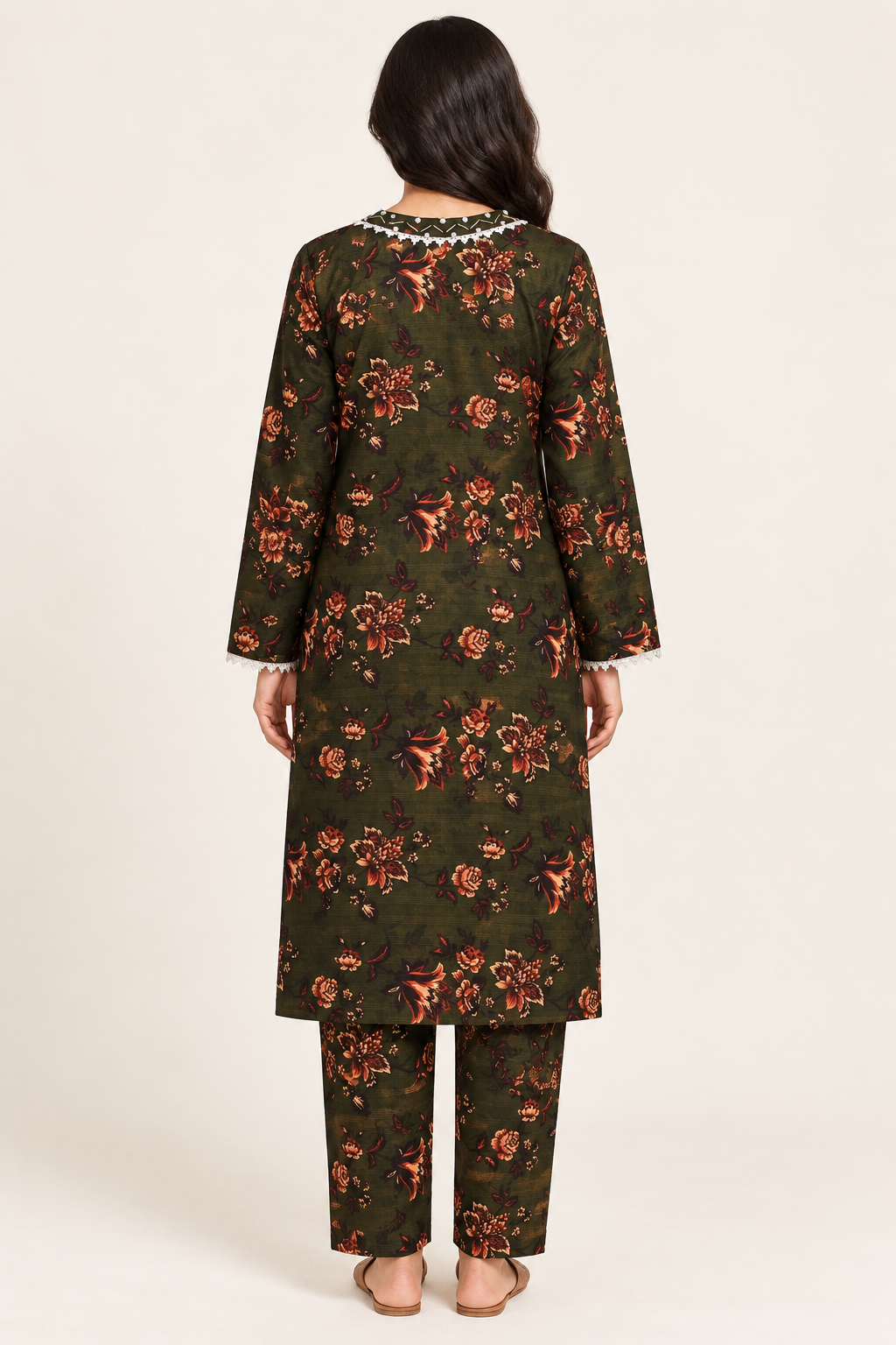 Dark Olive Green & Rust Floral 2-Piece Stitched Suit