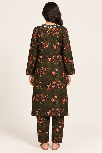 Dark Olive Green & Rust Floral 2-Piece Stitched Suit