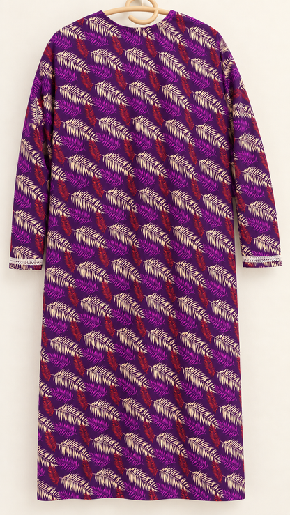 Deep Plum & Cream Leaf Print China Wool 2-Piece Stitched Suit