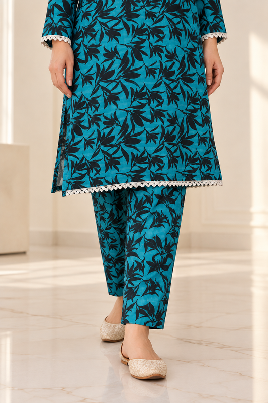 Teal & Black Leaf Print 2-Piece Stitched Suit