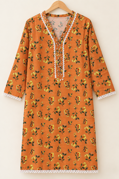 Rust Orange & Yellow Floral 2-Piece Stitched Suit