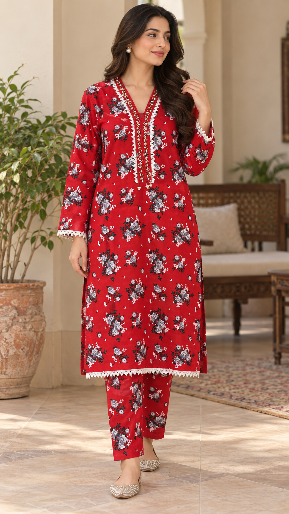 Deep Red & Grey Floral 2-Piece Stitched Suit