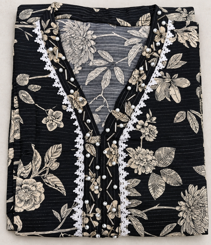 Black & Beige Floral Printed 2-Piece Stitched Suit