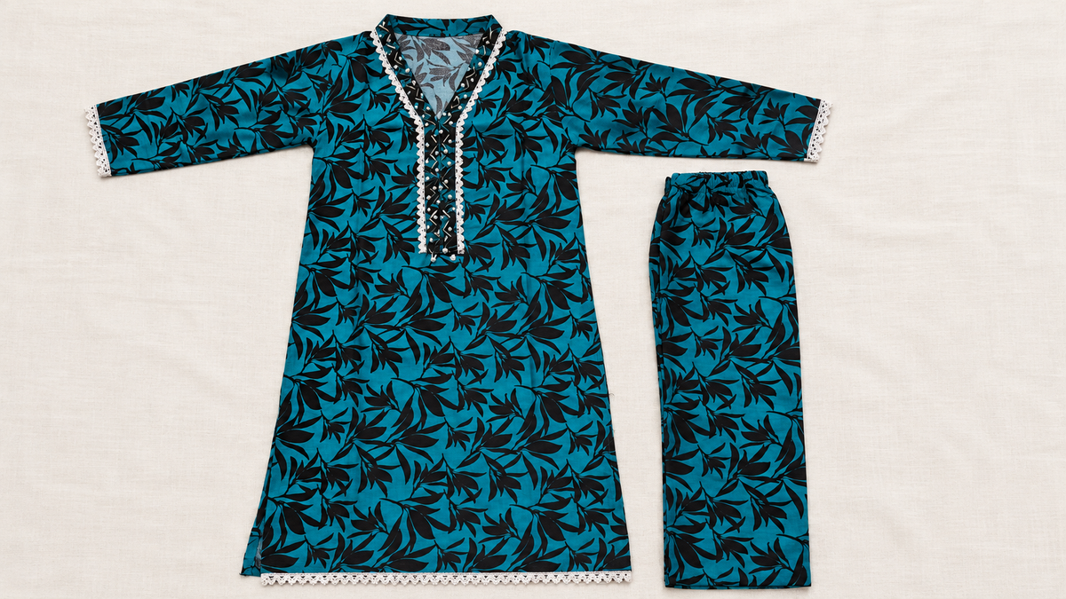 Teal & Black Leaf Print 2-Piece Stitched Suit