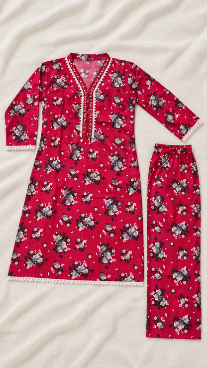 Fuchsia Pink Floral Print 2-Piece Stitched Suit