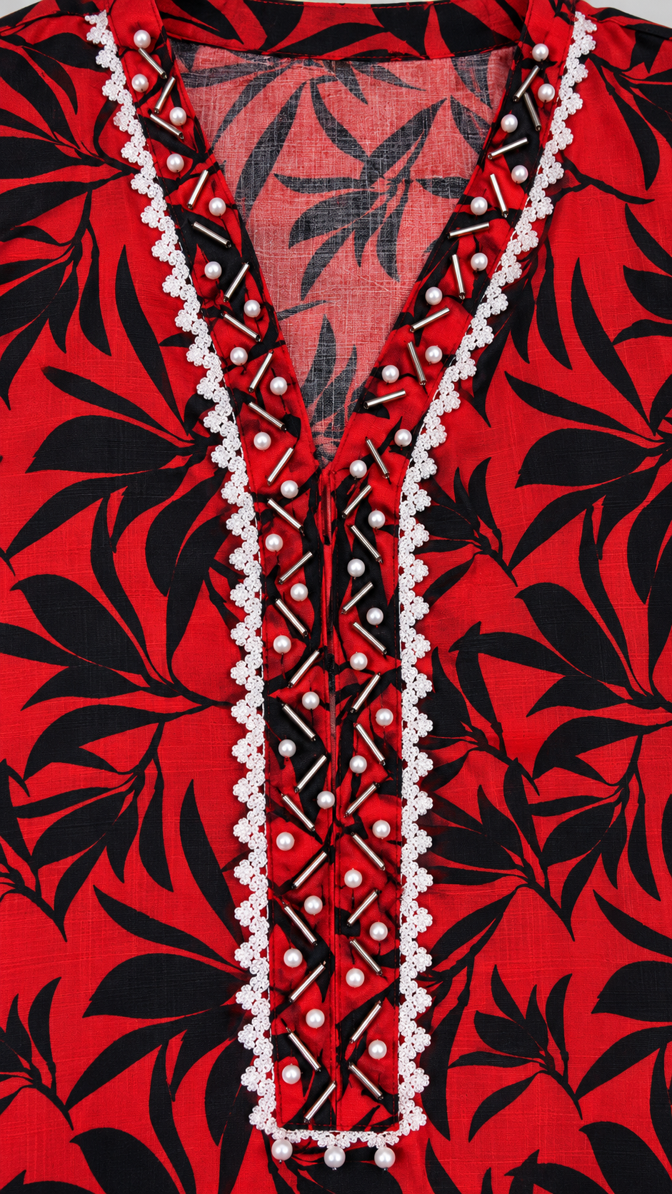 Red & Black Leaf Print 2-Piece Stitched Suit