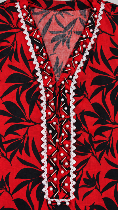 Red & Black Leaf Print 2-Piece Stitched Suit