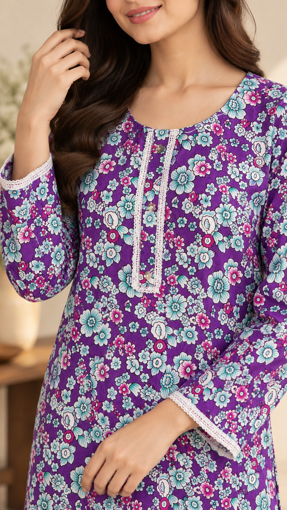 Purple, Mint & Pink Floral China Wool 2-Piece Stitched Suit