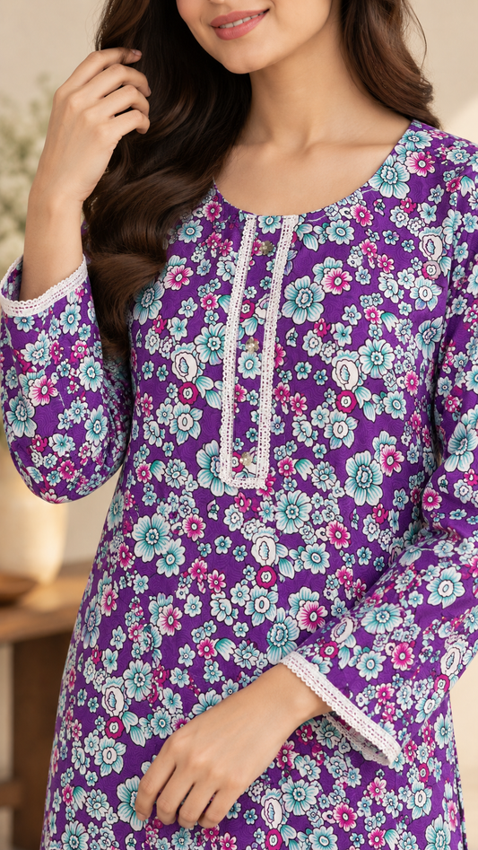 Purple, Mint & Pink Floral China Wool 2-Piece Stitched Suit
