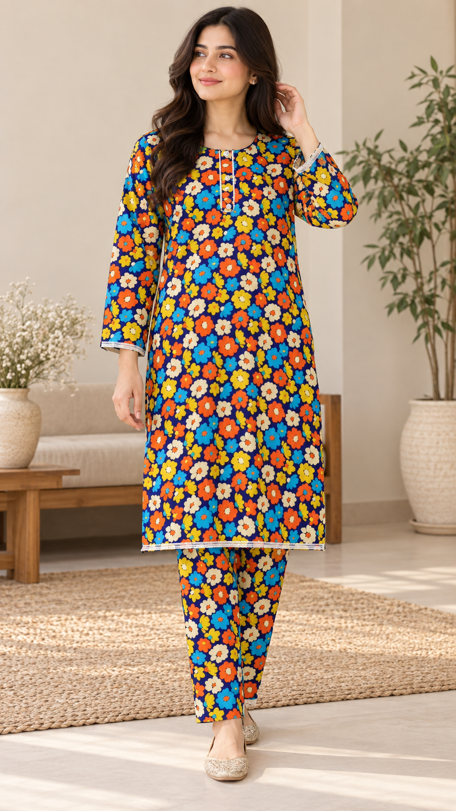 Royal Blue & Multicolor Floral China Wool 2-Piece Stitched Suit