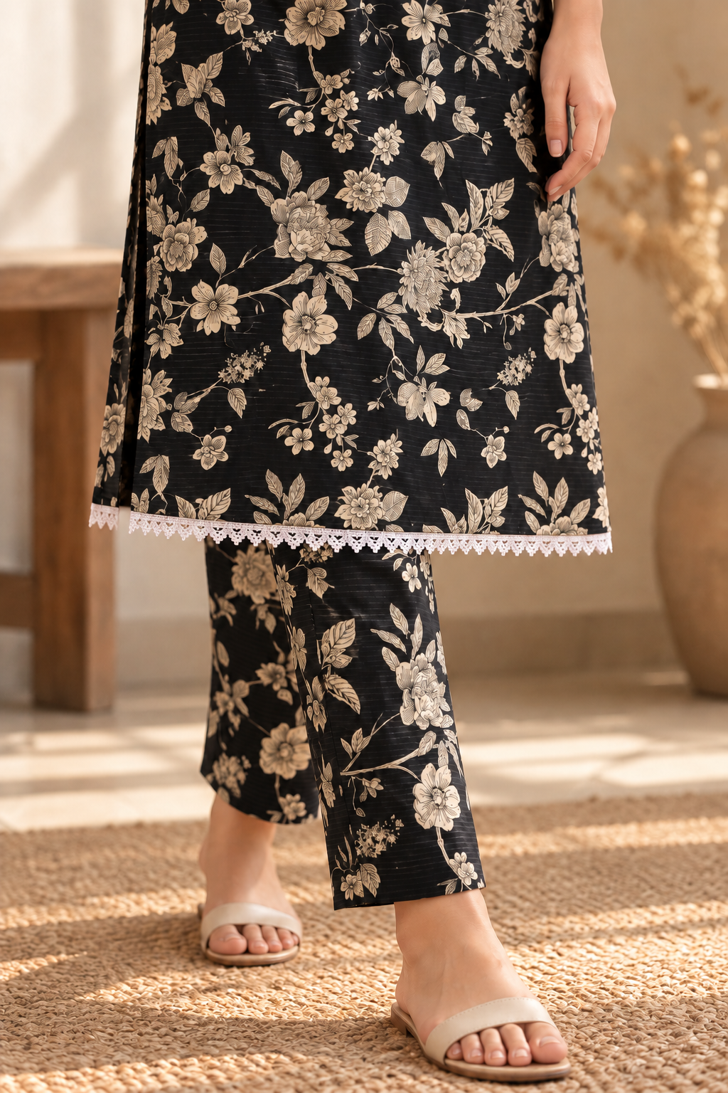 Black & Beige Floral Printed 2-Piece Stitched Suit