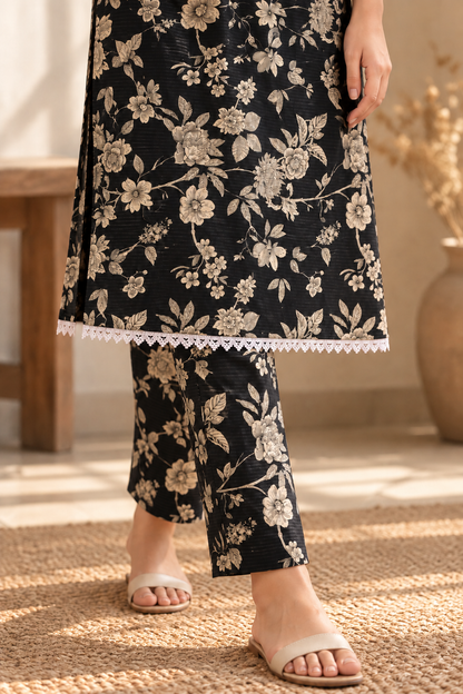 Black & Beige Floral Printed 2-Piece Stitched Suit