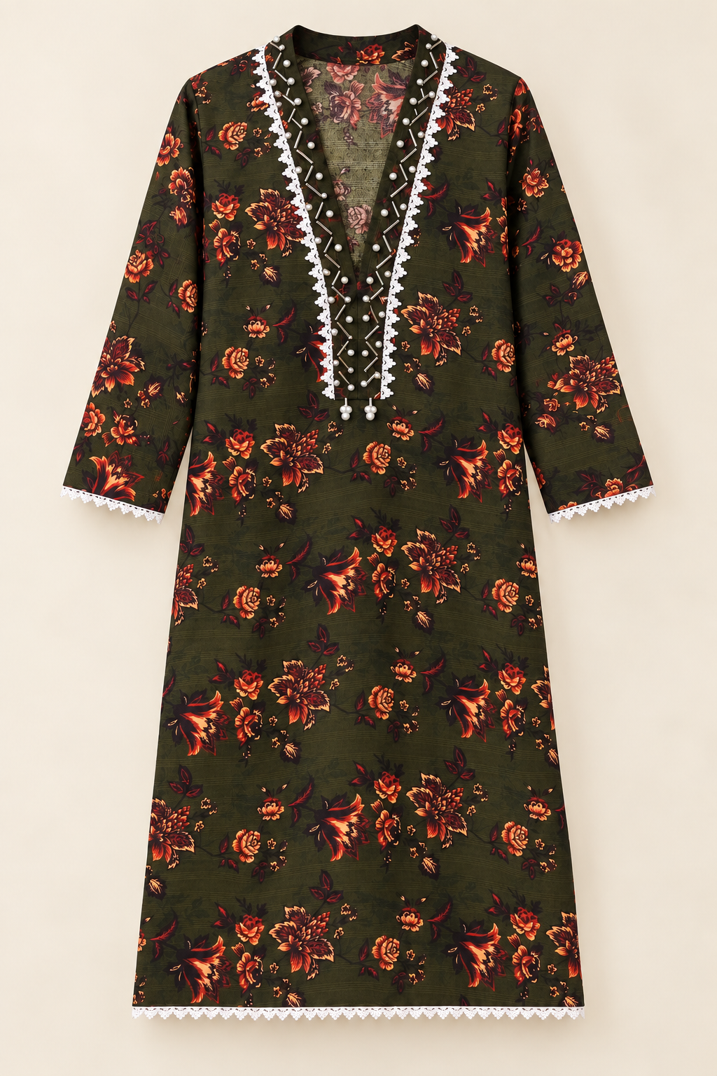 Dark Olive Green & Rust Floral 2-Piece Stitched Suit