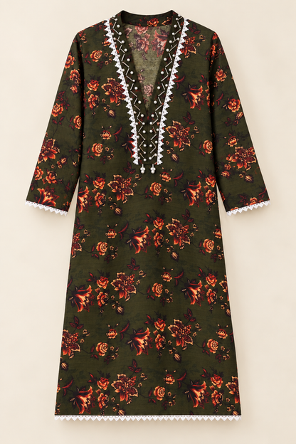 Dark Olive Green & Rust Floral 2-Piece Stitched Suit