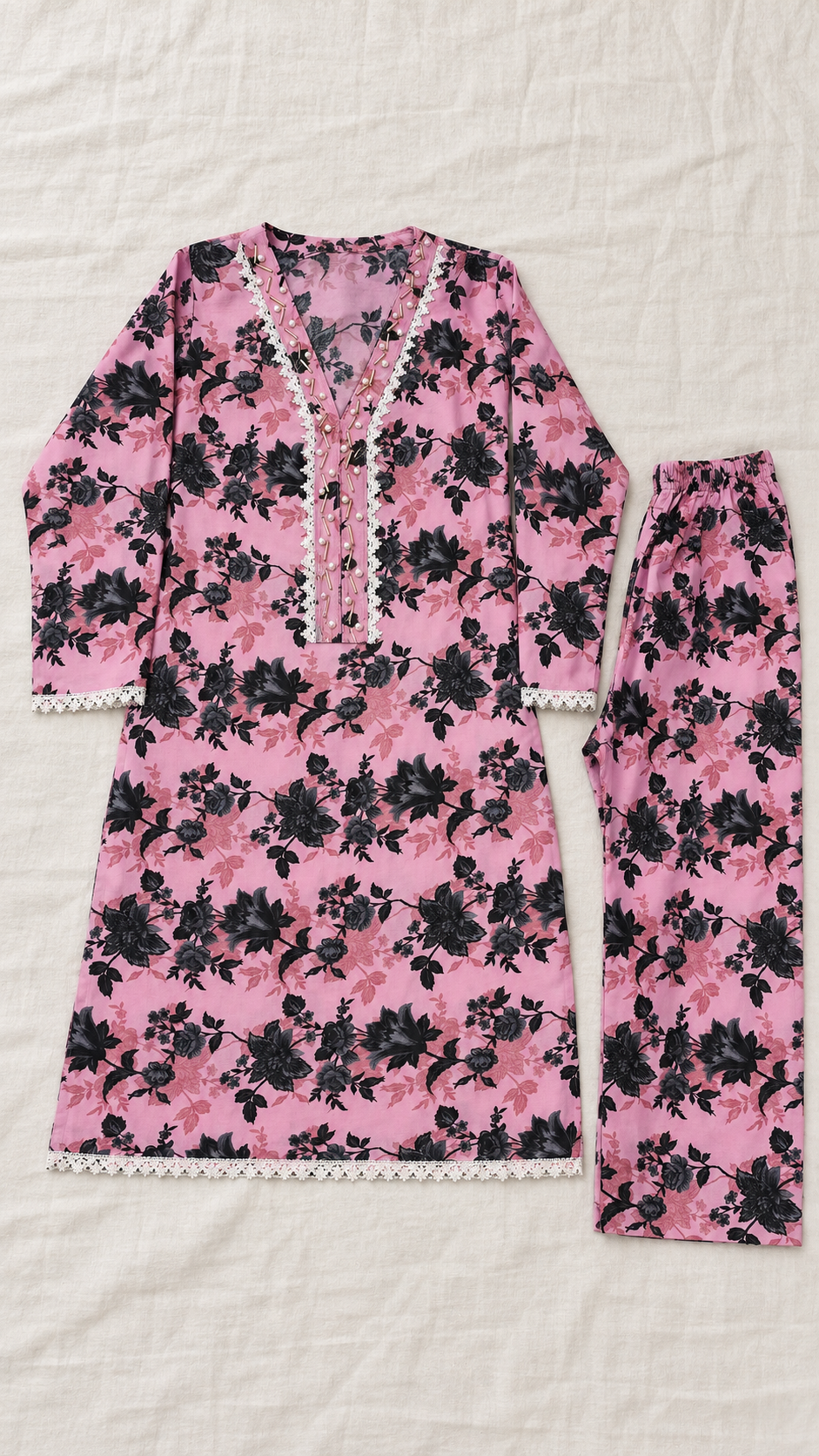 Dusty Pink & Black Floral 2-Piece Stitched Suit