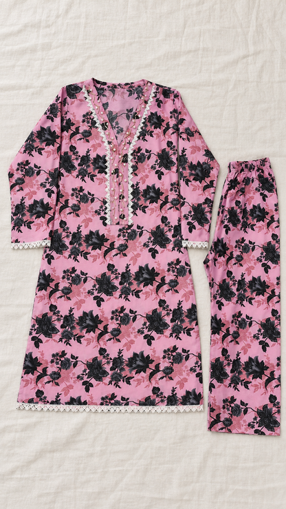 Dusty Pink & Black Floral 2-Piece Stitched Suit