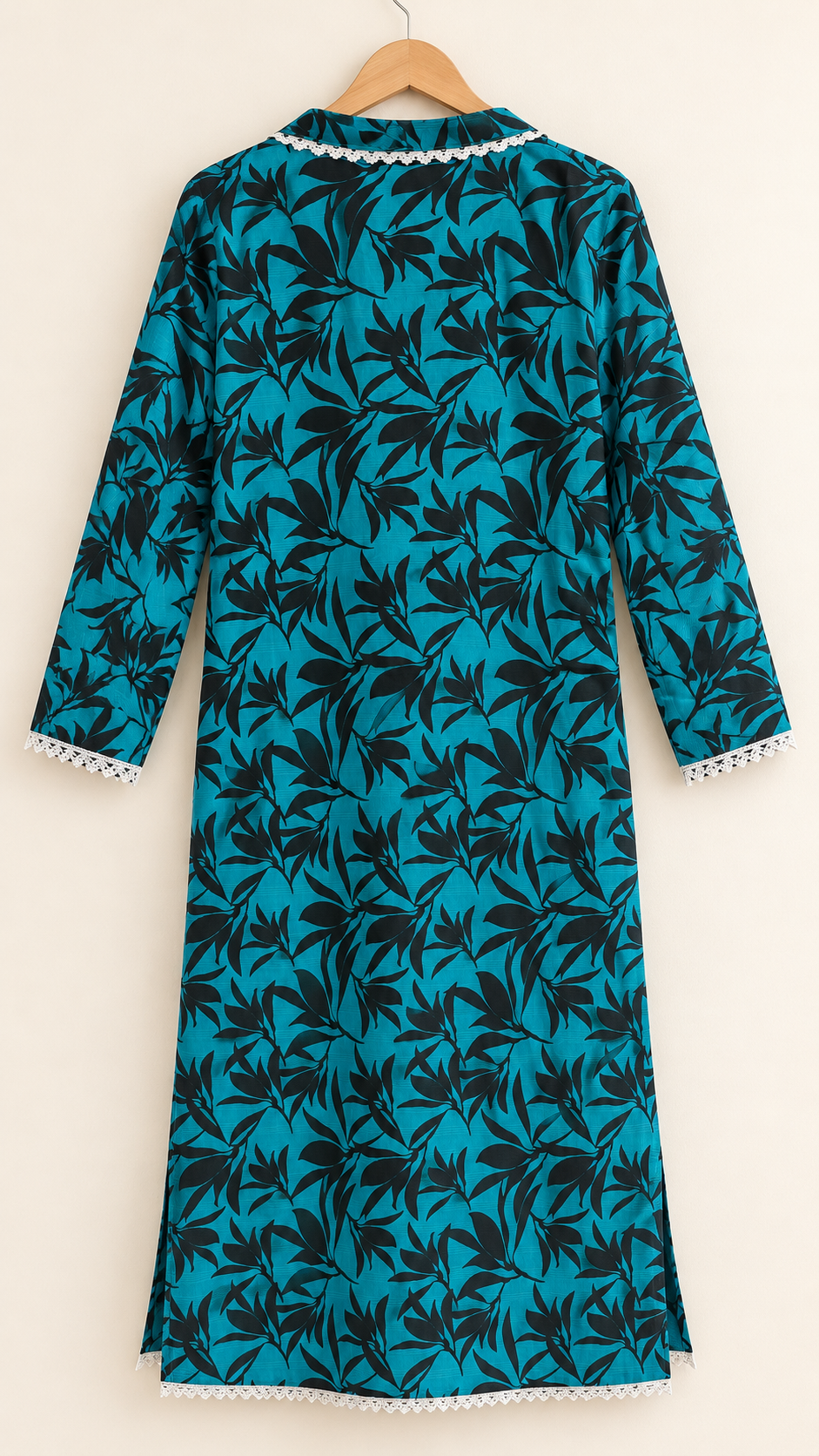 Teal & Black Leaf Print 2-Piece Stitched Suit