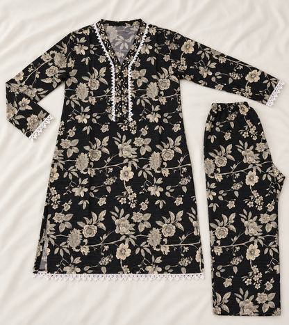 Black & Beige Floral Printed 2-Piece Stitched Suit
