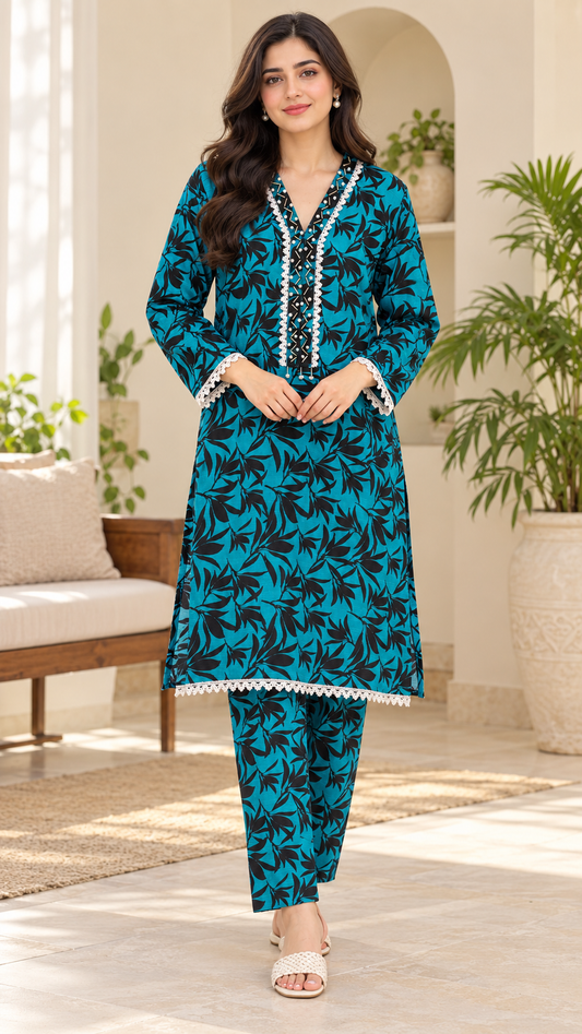 Teal & Black Leaf Print 2-Piece Stitched Suit