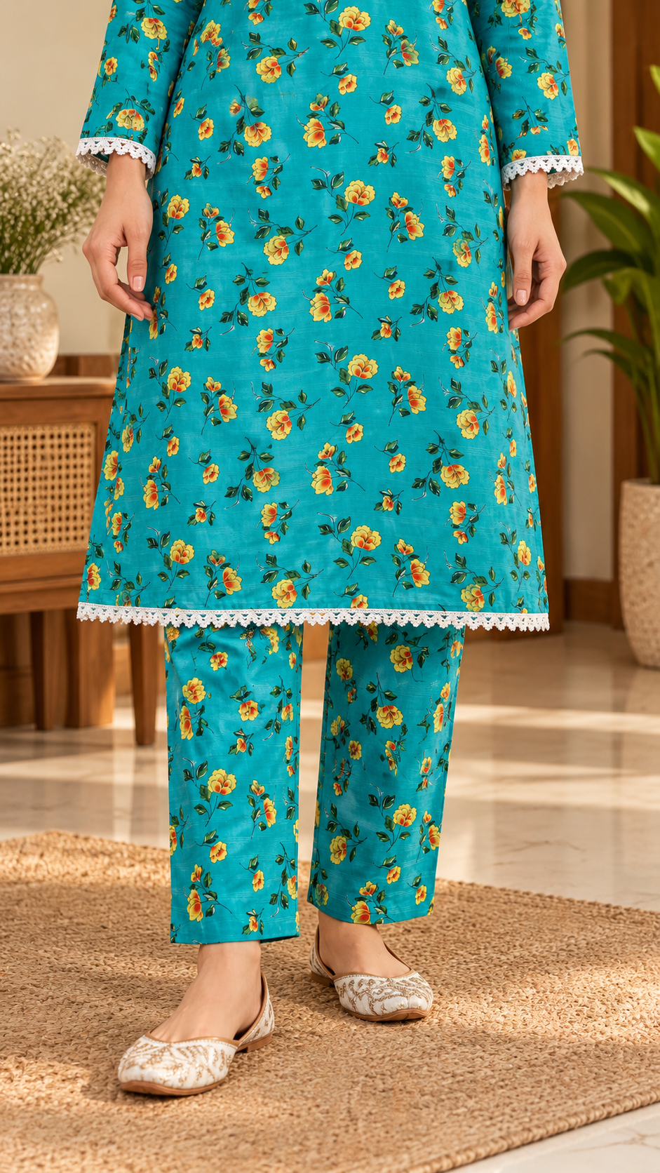 Turquoise Teal & Yellow Floral 2-Piece Stitched Suit