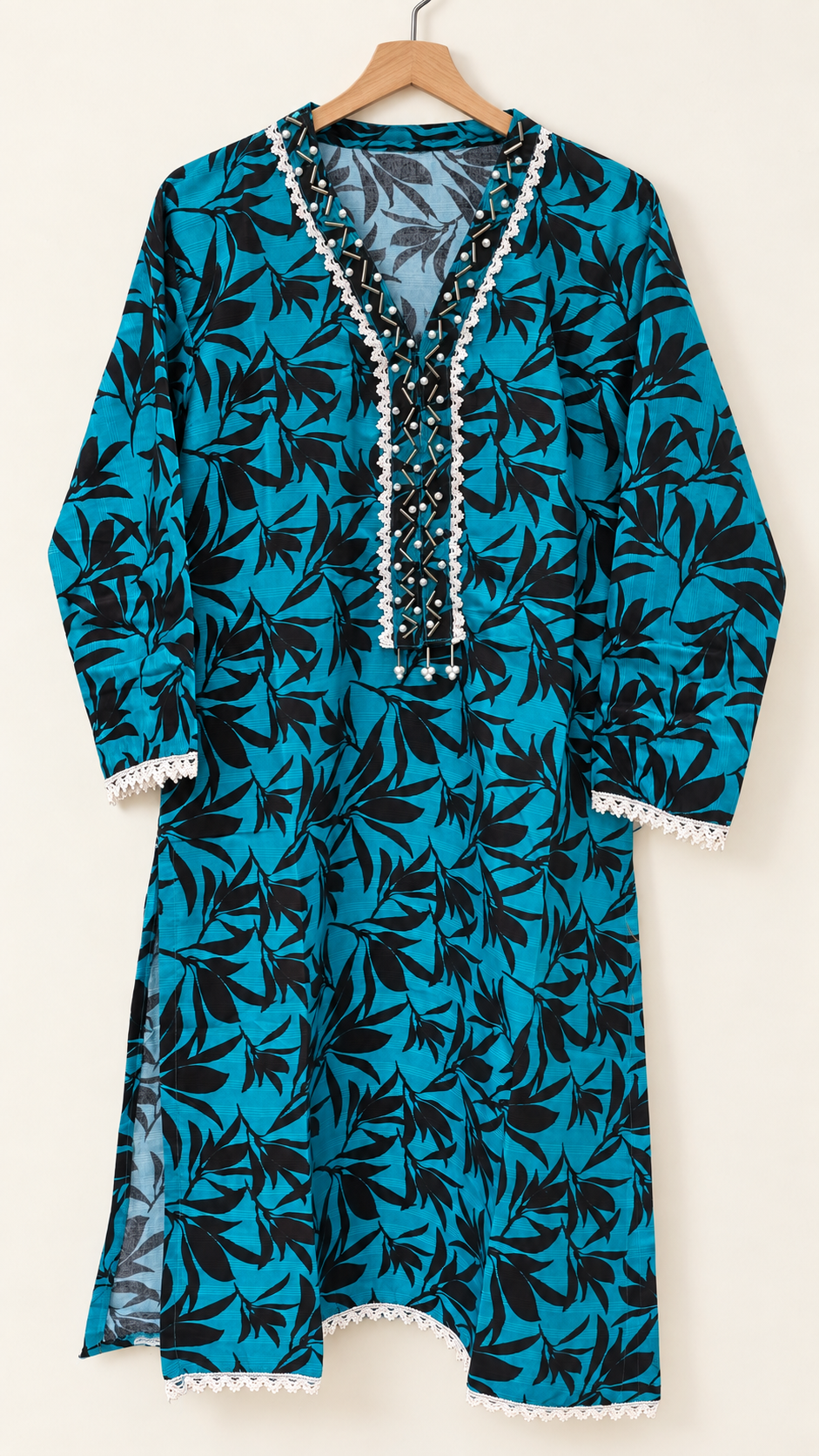 Teal & Black Leaf Print 2-Piece Stitched Suit