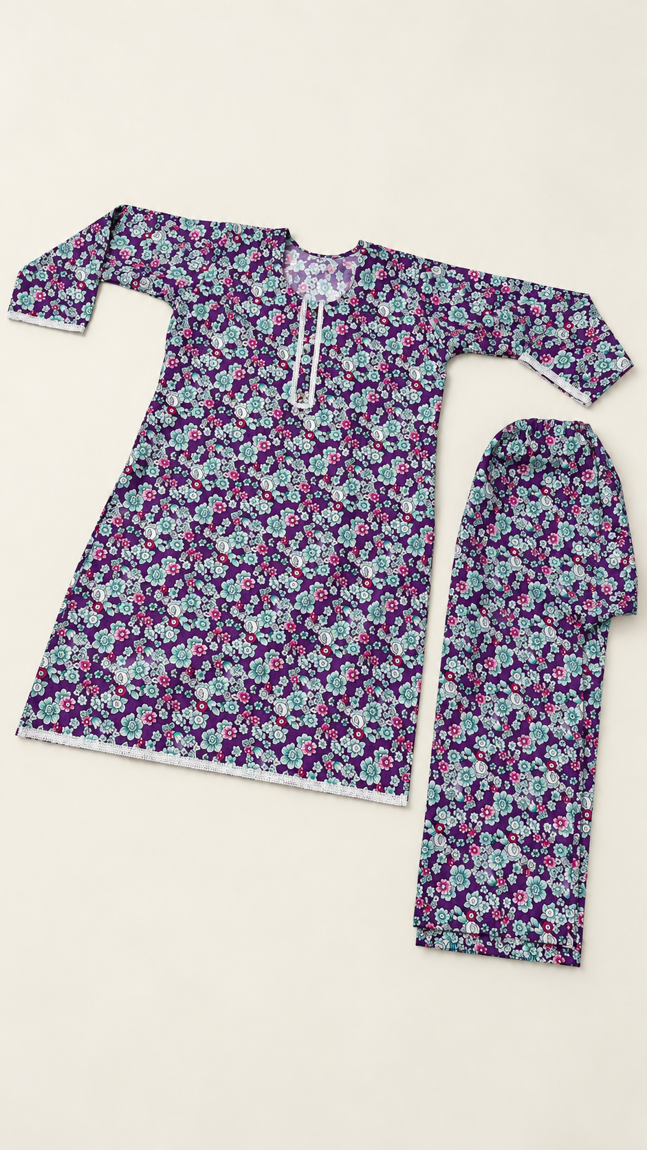 Purple, Mint & Pink Floral China Wool 2-Piece Stitched Suit