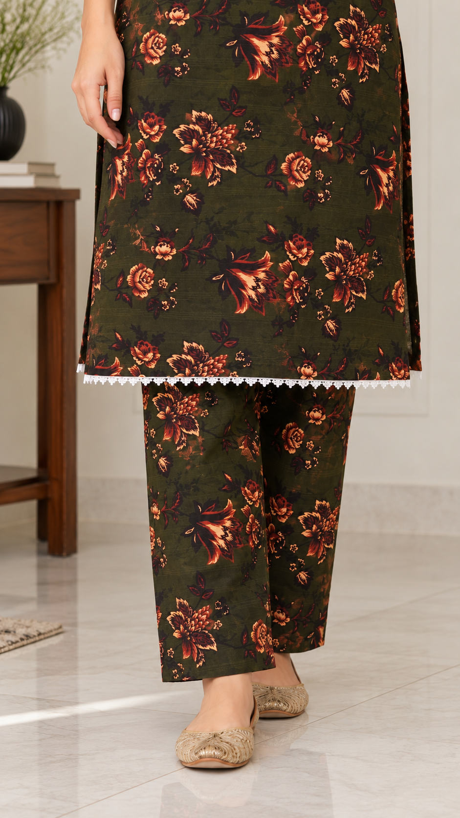 Dark Olive Green & Rust Floral 2-Piece Stitched Suit