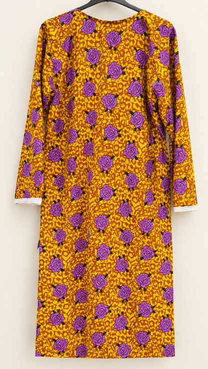 Mustard Yellow & Purple Rose Print China Wool 2-Piece Stitched Suit