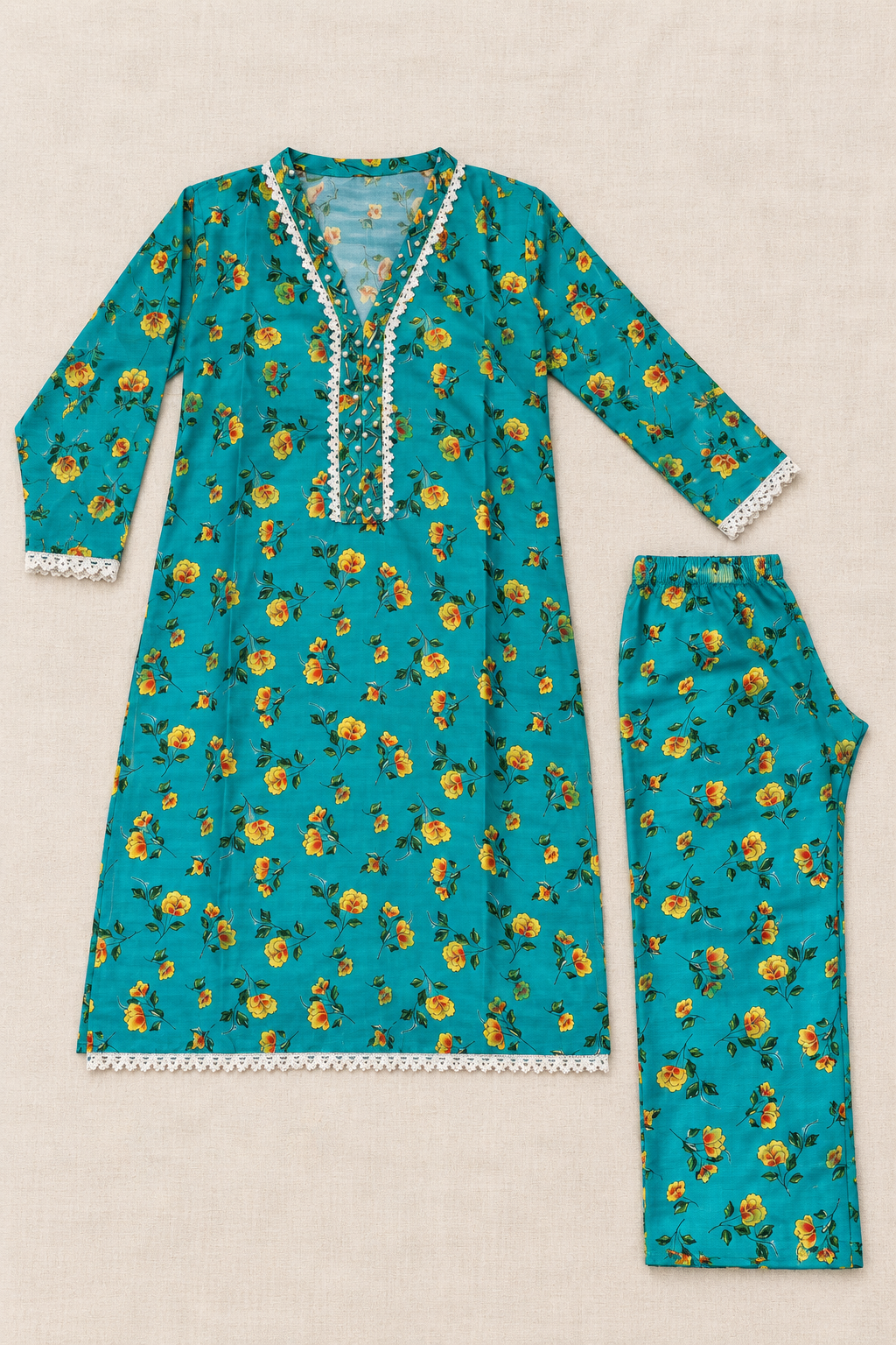 Turquoise Teal & Yellow Floral 2-Piece Stitched Suit