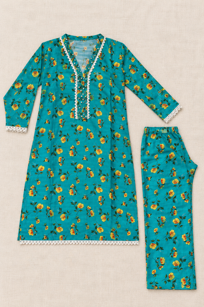 Turquoise Teal & Yellow Floral 2-Piece Stitched Suit