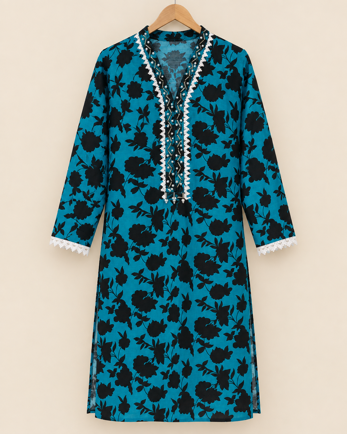 Turquoise Blue & Black Floral 2-Piece Stitched Suit