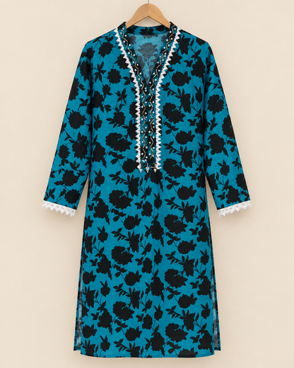 Turquoise Blue & Black Floral 2-Piece Stitched Suit